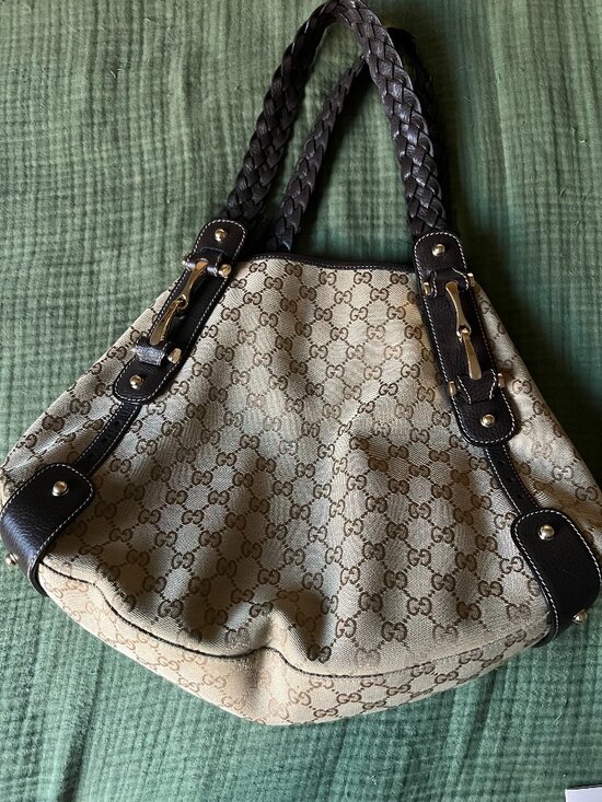 Gucci GG Monogram Pelham Handbag Horse Bit Canvas Braided Leather handles - Picture 1 of 9